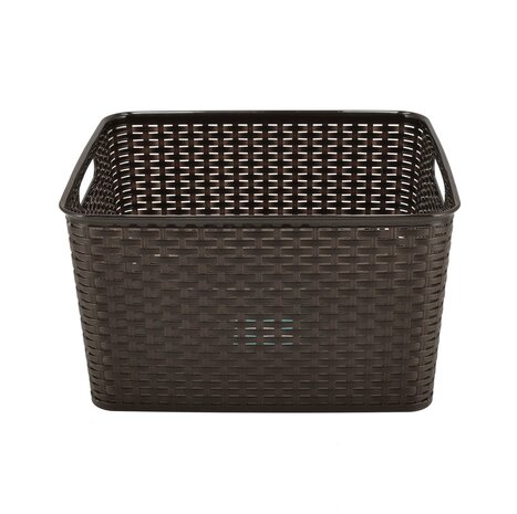 Discountershop 28.5L Plastic Storage Basket with Handles – Brown Rattan-Look Organiser, 40 x 34 x 23cm, for Toys, Wardrobes and Kitchen Storage