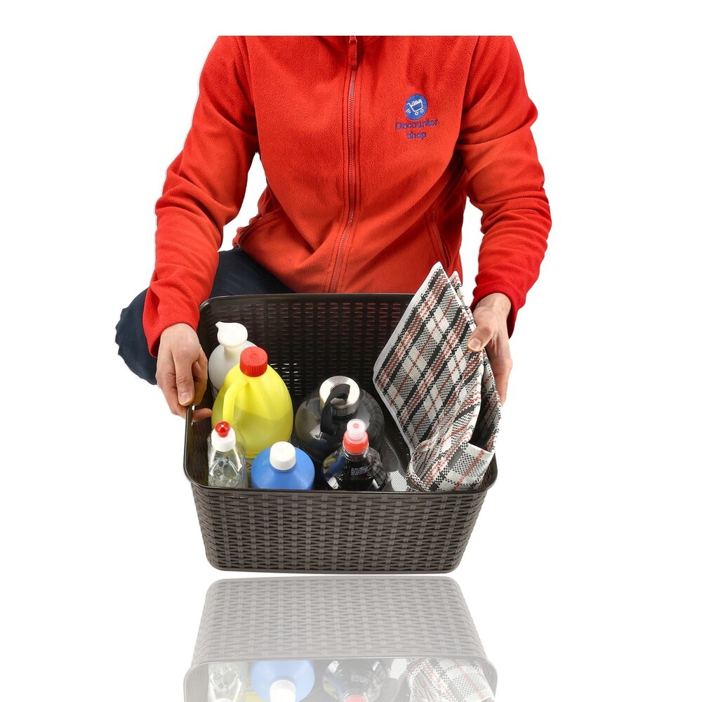 Discountershop Opbergmand 28,5L Kunststof met Handgrepen – Bruine Rattan Look Organizer 40 x 34 x 23 cm voor Speelgoed, Kledingkast en Keuken