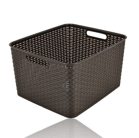 Discountershop Opbergmand 28,5L Kunststof met Handgrepen – Bruine Rattan Look Organizer 40 x 34 x 23 cm voor Speelgoed, Kledingkast en Keuken