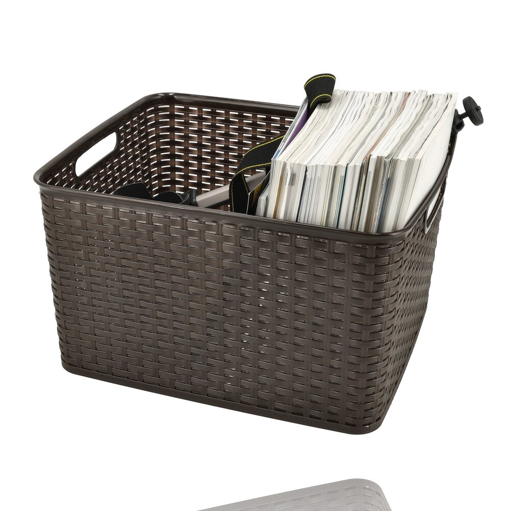 Discountershop Opbergmand 28,5L Kunststof met Handgrepen – Bruine Rattan Look Organizer 40 x 34 x 23 cm voor Speelgoed, Kledingkast en Keuken