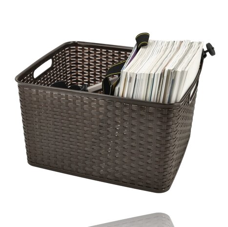 Discountershop 28.5L Plastic Storage Basket with Handles – Brown Rattan-Look Organiser, 40 x 34 x 23cm, for Toys, Wardrobes and Kitchen Storage
