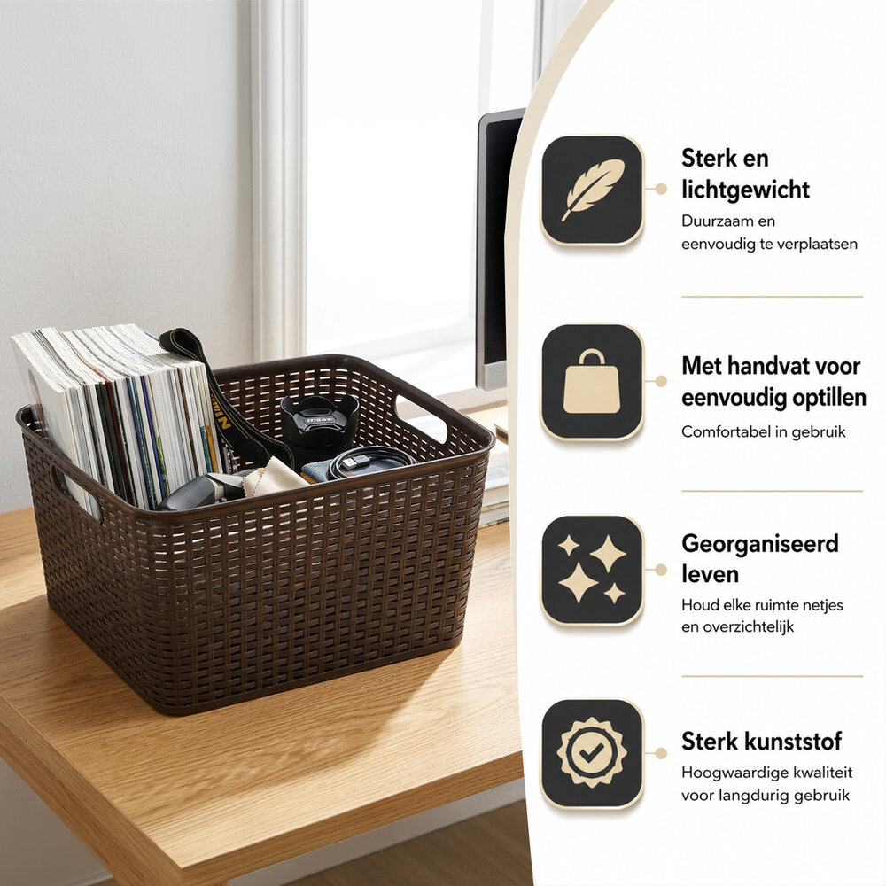 Discountershop 28.5L Plastic Storage Basket with Handles – Brown Rattan-Look Organiser, 40 x 34 x 23cm, for Toys, Wardrobes and Kitchen Storage