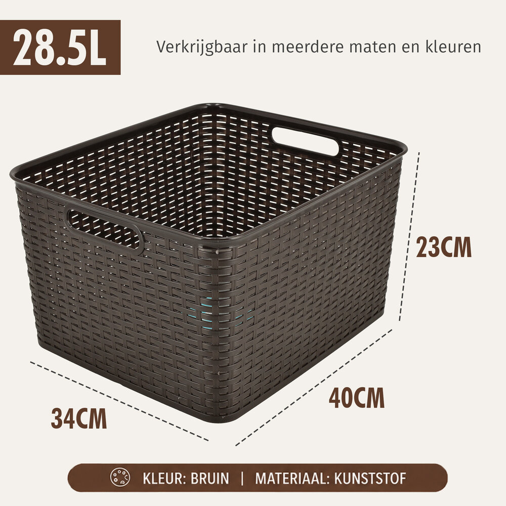 Discountershop 28.5L Plastic Storage Basket with Handles – Brown Rattan-Look Organiser, 40 x 34 x 23cm, for Toys, Wardrobes and Kitchen Storage