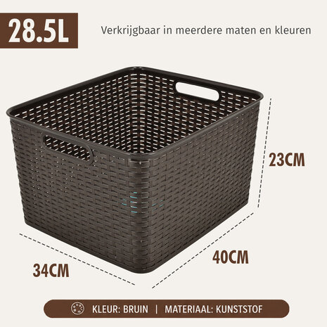 Discountershop 28.5L Plastic Storage Basket with Handles – Brown Rattan-Look Organiser, 40 x 34 x 23cm, for Toys, Wardrobes and Kitchen Storage