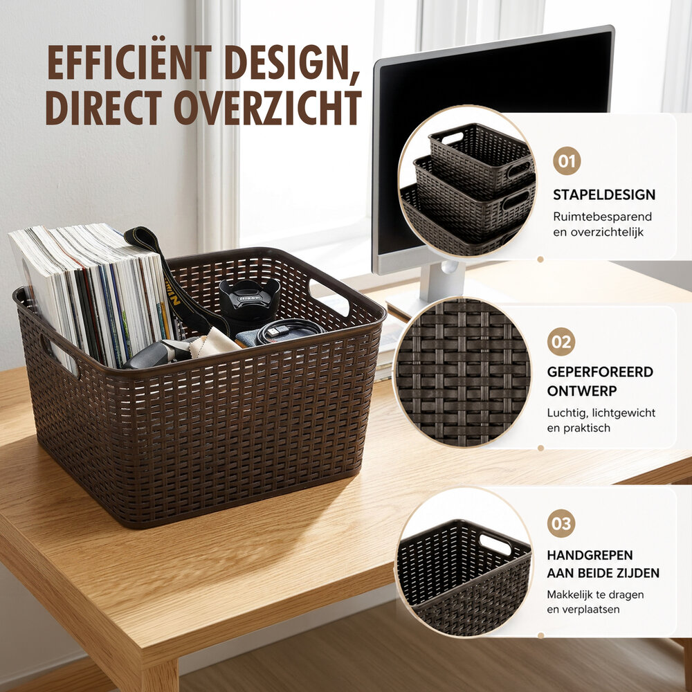 Discountershop Opbergmand 28,5L Kunststof met Handgrepen – Bruine Rattan Look Organizer 40 x 34 x 23 cm voor Speelgoed, Kledingkast en Keuken