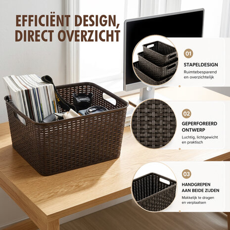 Discountershop Opbergmand 28,5L Kunststof met Handgrepen – Bruine Rattan Look Organizer 40 x 34 x 23 cm voor Speelgoed, Kledingkast en Keuken