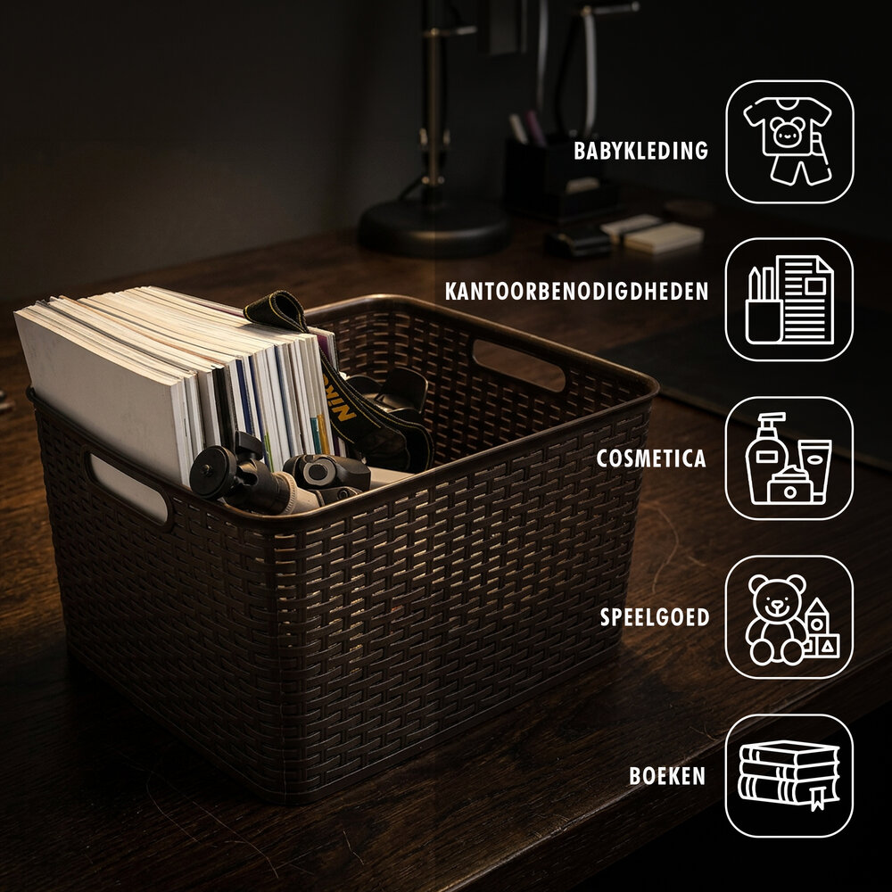 Discountershop Opbergmand 28,5L Kunststof met Handgrepen – Bruine Rattan Look Organizer 40 x 34 x 23 cm voor Speelgoed, Kledingkast en Keuken