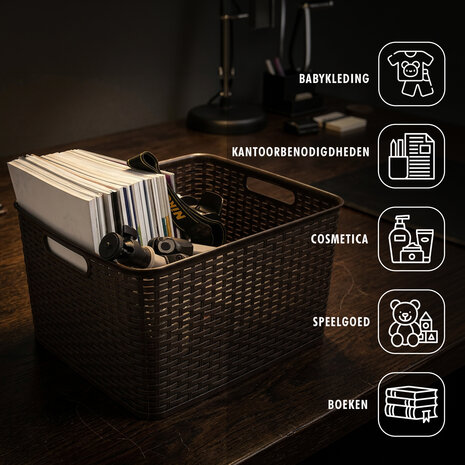 Discountershop Opbergmand 28,5L Kunststof met Handgrepen – Bruine Rattan Look Organizer 40 x 34 x 23 cm voor Speelgoed, Kledingkast en Keuken