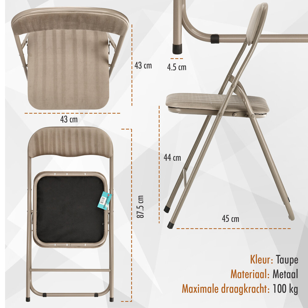 Discountershop Folding Chair with Velvet Seat - Beige Upholstered Backrest - 44 cm Seat Height - Metal Frame - Space-Saving Dining Chair
