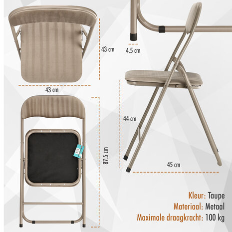 Discountershop Klapstoel met fluwelen zitting - Beige - Zithoogte 44 cm - Metalen frame - Opvouwbare eetkamerstoel voor extra zitplaatsen