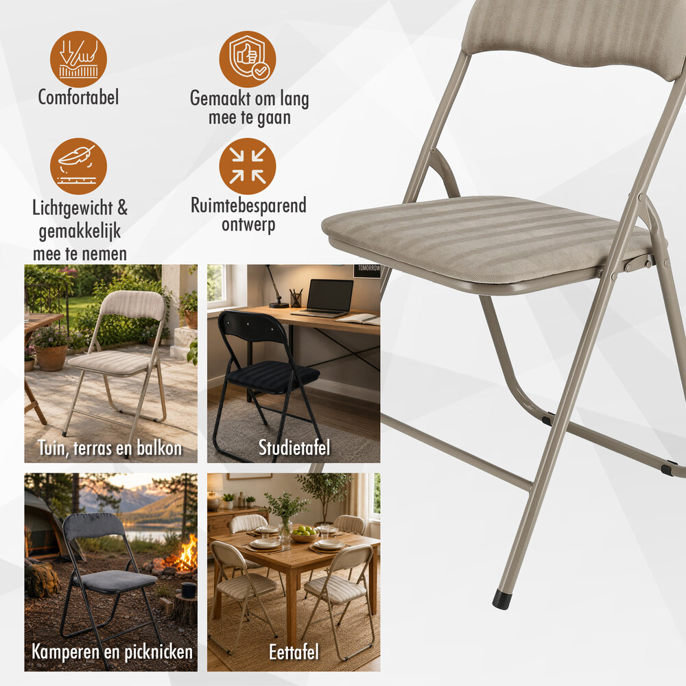 Discountershop Klapstoel met fluwelen zitting - Beige - Zithoogte 44 cm - Metalen frame - Opvouwbare eetkamerstoel voor extra zitplaatsen