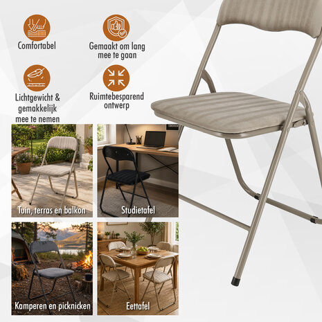 Discountershop Folding Chair with Velvet Seat - Beige Upholstered Backrest - 44 cm Seat Height - Metal Frame - Space-Saving Dining Chair