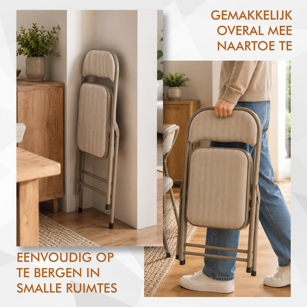 Discountershop Klapstoel met fluwelen zitting - Beige - Zithoogte 44 cm - Metalen frame - Opvouwbare eetkamerstoel voor extra zitplaatsen