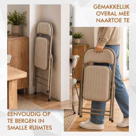 Discountershop Klapstoel met fluwelen zitting - Beige - Zithoogte 44 cm - Metalen frame - Opvouwbare eetkamerstoel voor extra zitplaatsen