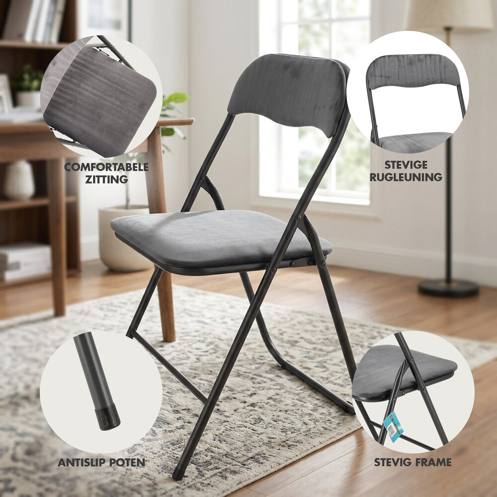 Discountershop Folding Chair with Velvet Seat - Grey - 44 cm Seat Height - Metal Frame - Foldable Dining Chair with Upholstered Backrest