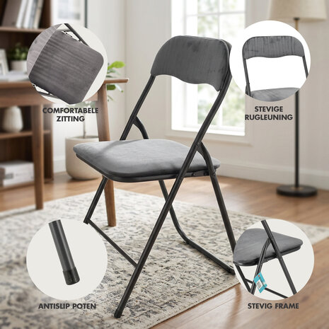 Discountershop Folding Chair with Velvet Seat - Grey - 44 cm Seat Height - Metal Frame - Foldable Dining Chair with Upholstered Backrest
