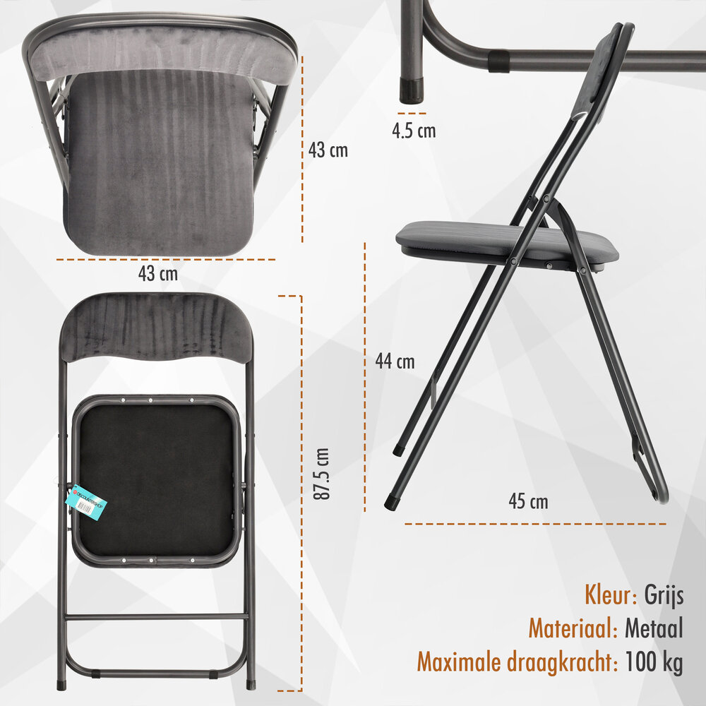 Discountershop Folding Chair with Velvet Seat - Grey - 44 cm Seat Height - Metal Frame - Foldable Dining Chair with Upholstered Backrest