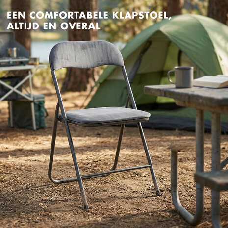 Discountershop Folding Chair with Velvet Seat - Grey - 44 cm Seat Height - Metal Frame - Foldable Dining Chair with Upholstered Backrest
