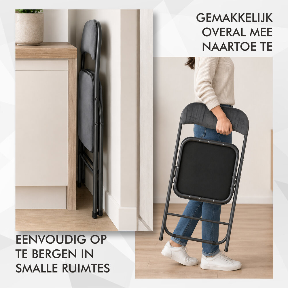 Discountershop Folding Chair with Velvet Seat - Grey - 44 cm Seat Height - Metal Frame - Foldable Dining Chair with Upholstered Backrest