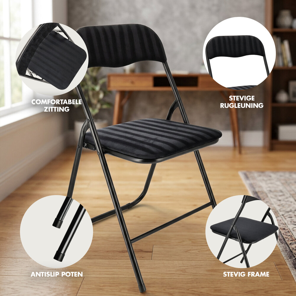 Discountershop Klapstoel met fluwelen zitting - Zwart - 44 cm zithoogte - Metalen frame - Opvouwbare eetkamerstoel met beklede rugleuning