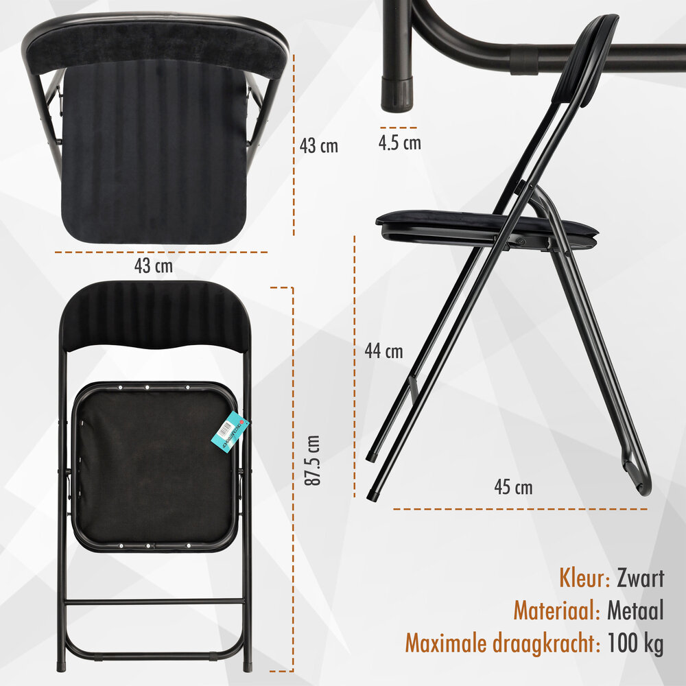 Discountershop Folding Chair with Velvet Seat - Black - 44 cm Seat Height - Metal Frame - Foldable Dining Chair with Upholstered Backrest