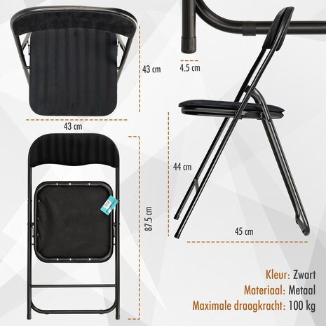 Discountershop Klapstoel met fluwelen zitting - Zwart - 44 cm zithoogte - Metalen frame - Opvouwbare eetkamerstoel met beklede rugleuning