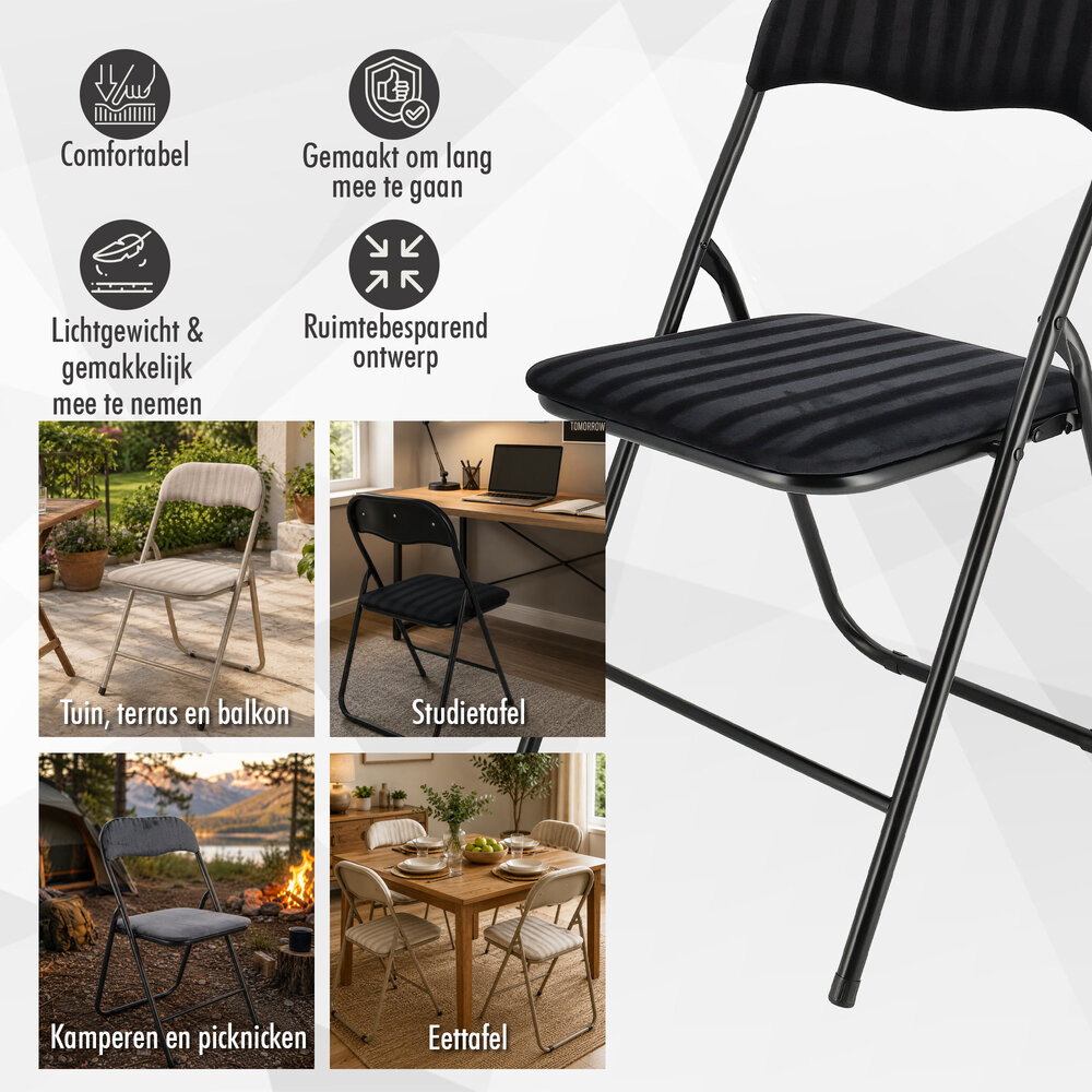 Discountershop Folding Chair with Velvet Seat - Black - 44 cm Seat Height - Metal Frame - Foldable Dining Chair with Upholstered Backrest