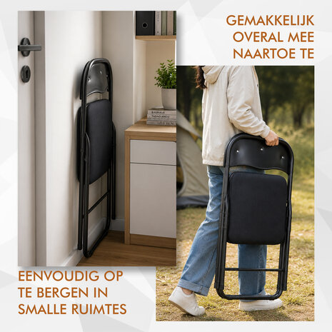 Discountershop Klapstoel met fluwelen zitting - Zwart - 44 cm zithoogte - Metalen frame - Opvouwbare eetkamerstoel met beklede rugleuning