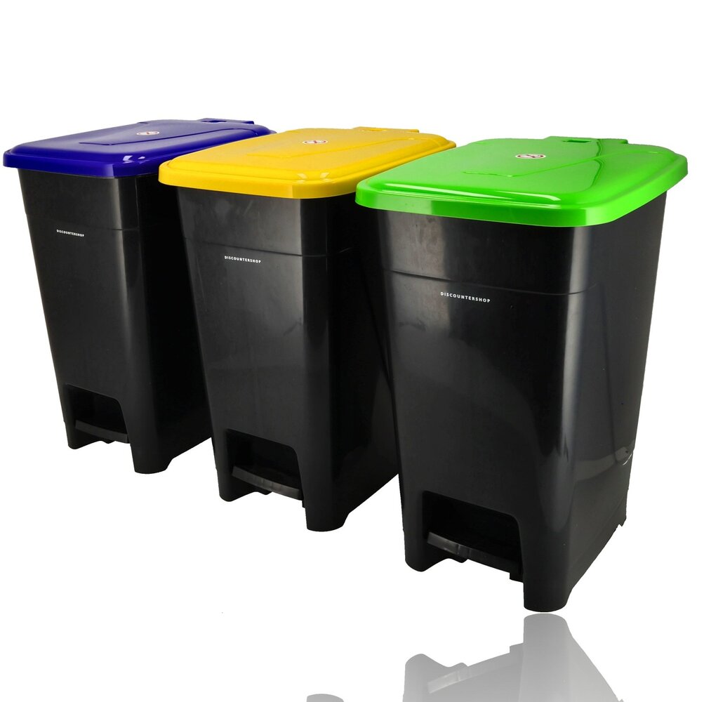 Discountershop Pedaalemmer 60 Liter Set van 3 voor Afvalscheiding – Zwarte Afvalbakken met Voetpedaal en Geel, Blauw en Groen Deksel voor Thuis