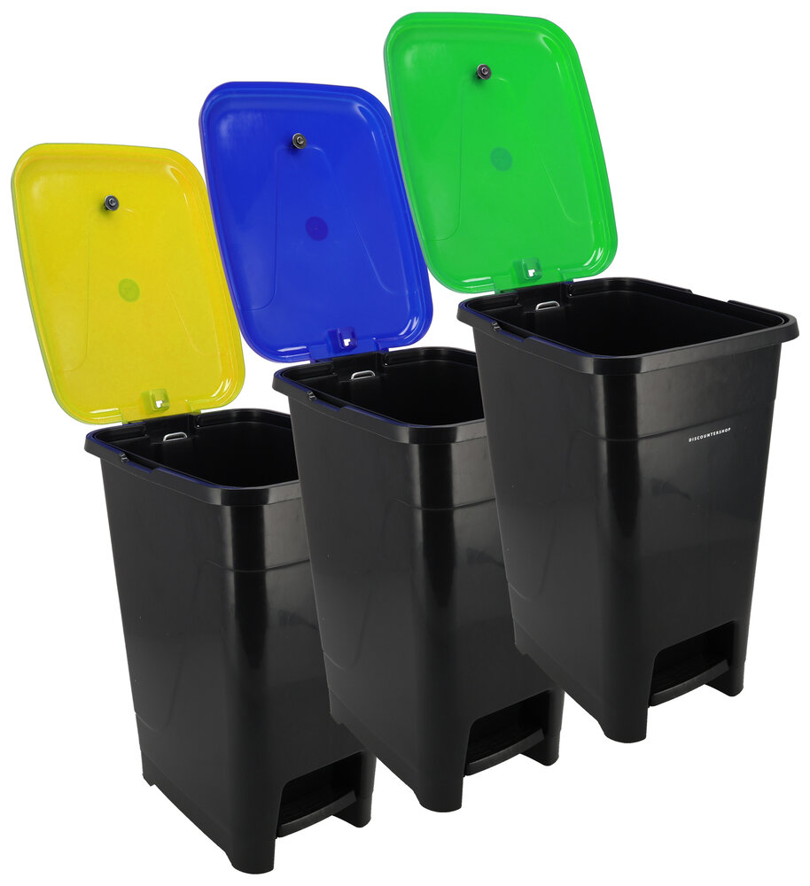 Discountershop Pedaalemmer 60 Liter Set van 3 voor Afvalscheiding – Zwarte Afvalbakken met Voetpedaal en Geel, Blauw en Groen Deksel voor Thuis