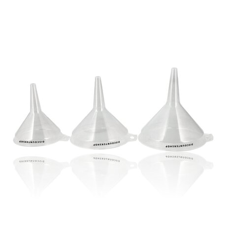 Discountershop Oil Funnel Set 12, 15 and 16.2 cm – Transparent Plastic Funnels for Bottles, Jars, Jerry Cans, Kitchen, Garage and Camping Discountershop Oil Funnel Set 12, 15 and 16.2 cm – Transparent Plastic Funnels for Bottles, Jars, Jerry Cans, Kitchen, Garage and Camping