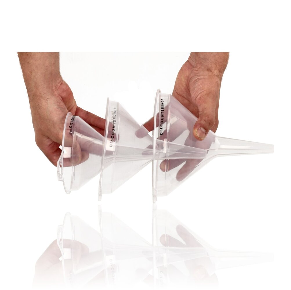Discountershop Oil Funnel Set 12, 15 and 16.2 cm – Transparent Plastic Funnels for Bottles, Jars, Jerry Cans, Kitchen, Garage and Camping Discountershop Oil Funnel Set 12, 15 and 16.2 cm – Transparent Plastic Funnels for Bottles, Jars, Jerry Cans, Kitchen, Garage and Camping