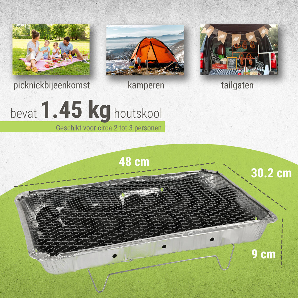 Discountershop Wegwerp Barbecue met Houtskool 48 x 30,2 x 9 cm – 1,45 kg houtskool – Instant BBQ met rooster en onderstel voor camping en picknick Discountershop Wegwerp Barbecue met Houtskool 48 x 30,2 x 9 cm – 1,45 kg houtskool – Instant BBQ met rooster en onderstel voor camping en picknick
