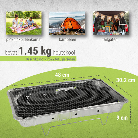 Discountershop Wegwerp Barbecue met Houtskool 48 x 30,2 x 9 cm – 1,45 kg houtskool – Instant BBQ met rooster en onderstel voor camping en picknick Discountershop Wegwerp Barbecue met Houtskool 48 x 30,2 x 9 cm – 1,45 kg houtskool – Instant BBQ met rooster en onderstel voor camping en picknick