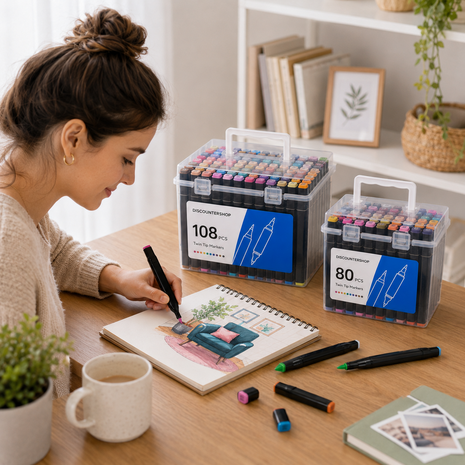 Discountershop Twinmarkers 188 Stuks – Alcohol Markers Dual Tip met Fijne en Brede Punt – Dubbelzijdige Stiften met 2 Opbergboxen voor Tekenen Discountershop Twinmarkers 188 Stuks – Alcohol Markers Dual Tip met Fijne en Brede Punt – Dubbelzijdige Stiften met 2 Opbergboxen voor Tekenen