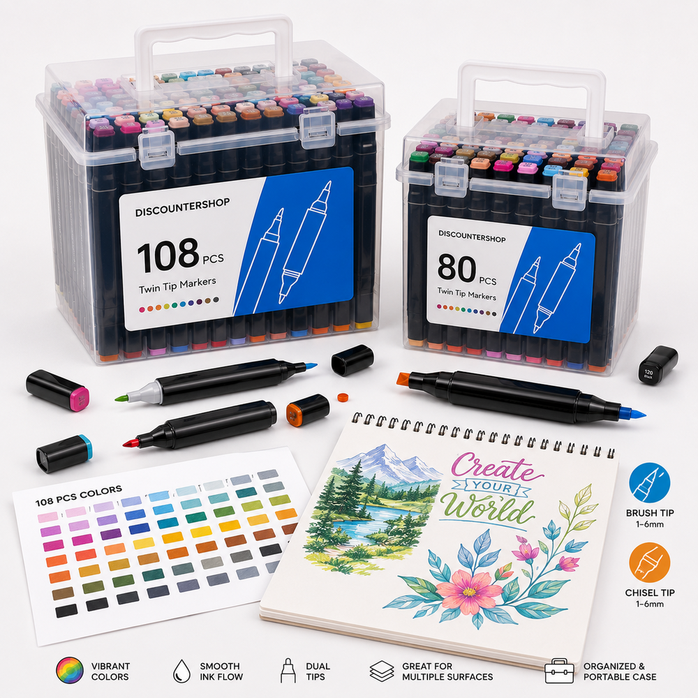 Discountershop Twinmarkers 188 Stuks – Alcohol Markers Dual Tip met Fijne en Brede Punt – Dubbelzijdige Stiften met 2 Opbergboxen voor Tekenen Discountershop Twinmarkers 188 Stuks – Alcohol Markers Dual Tip met Fijne en Brede Punt – Dubbelzijdige Stiften met 2 Opbergboxen voor Tekenen