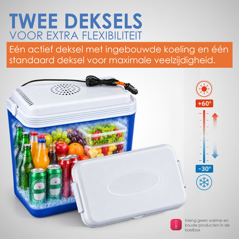 Discountershop Elektrische koelbox 24 liter 12V – auto koelbox met 2 deksels en koelelementen voor camping, camper, caravan, strand en vakantie