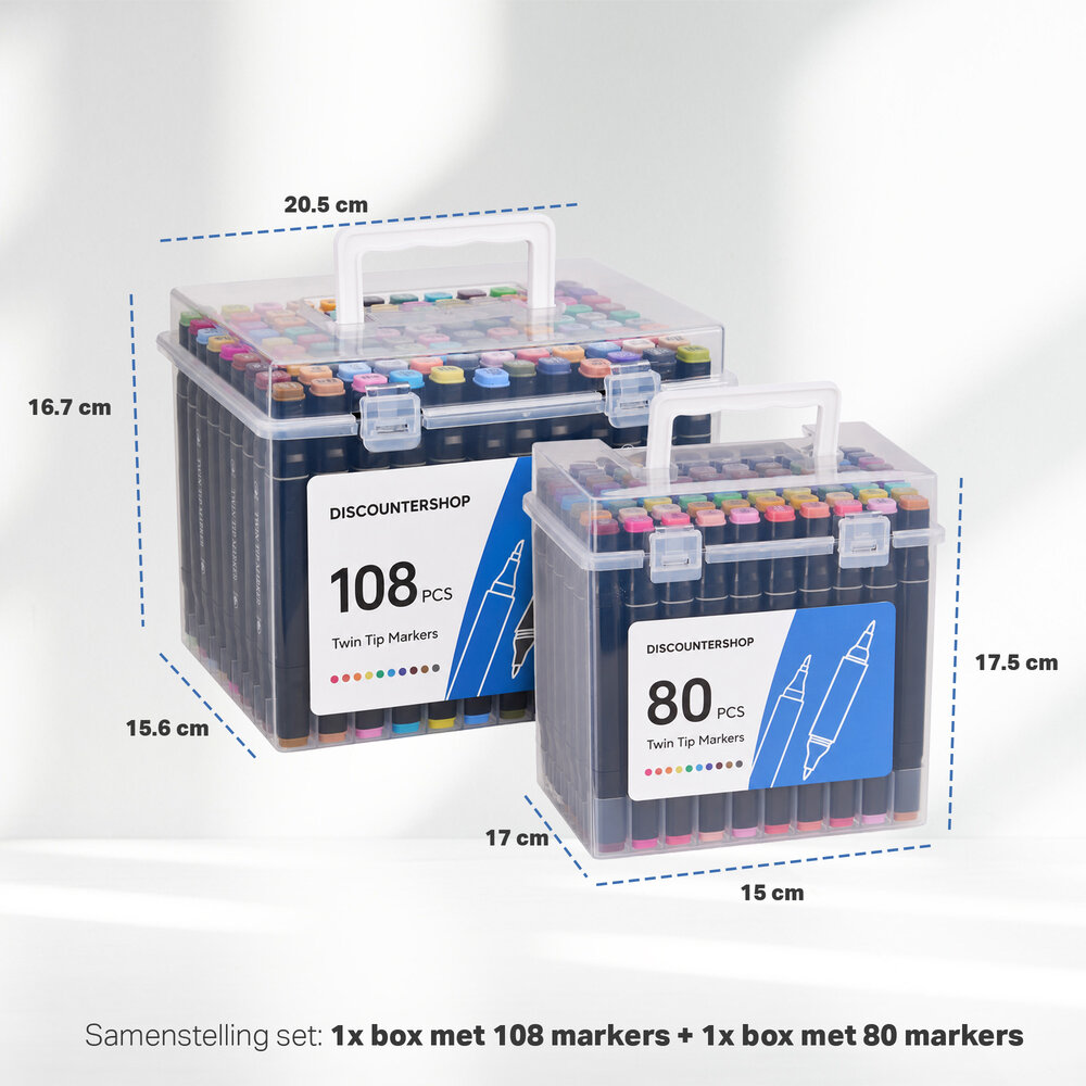 Discountershop Twin Markers 188 Pieces – Alcohol Markers Dual Tip with Fine and Broad Tip – Double-Sided Marker Set with 2 Storage Boxes for Drawing Discountershop Twin Markers 188 Pieces – Alcohol Markers Dual Tip with Fine and Broad Tip – Double-Sided Marker Set with 2 Storage Boxes for Drawing