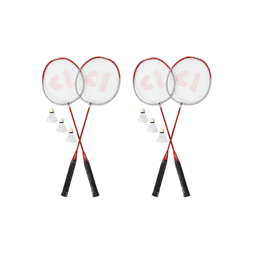 Discountershop Badmintonset met rode rackets en shuttles – metalen badmintonrackets van 67 x 20 cm voor tuin, camping, recreatie en groepen
