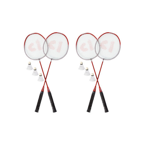 Discountershop Badmintonset met rode rackets en shuttles – metalen badmintonrackets van 67 x 20 cm voor tuin, camping, recreatie en groepen