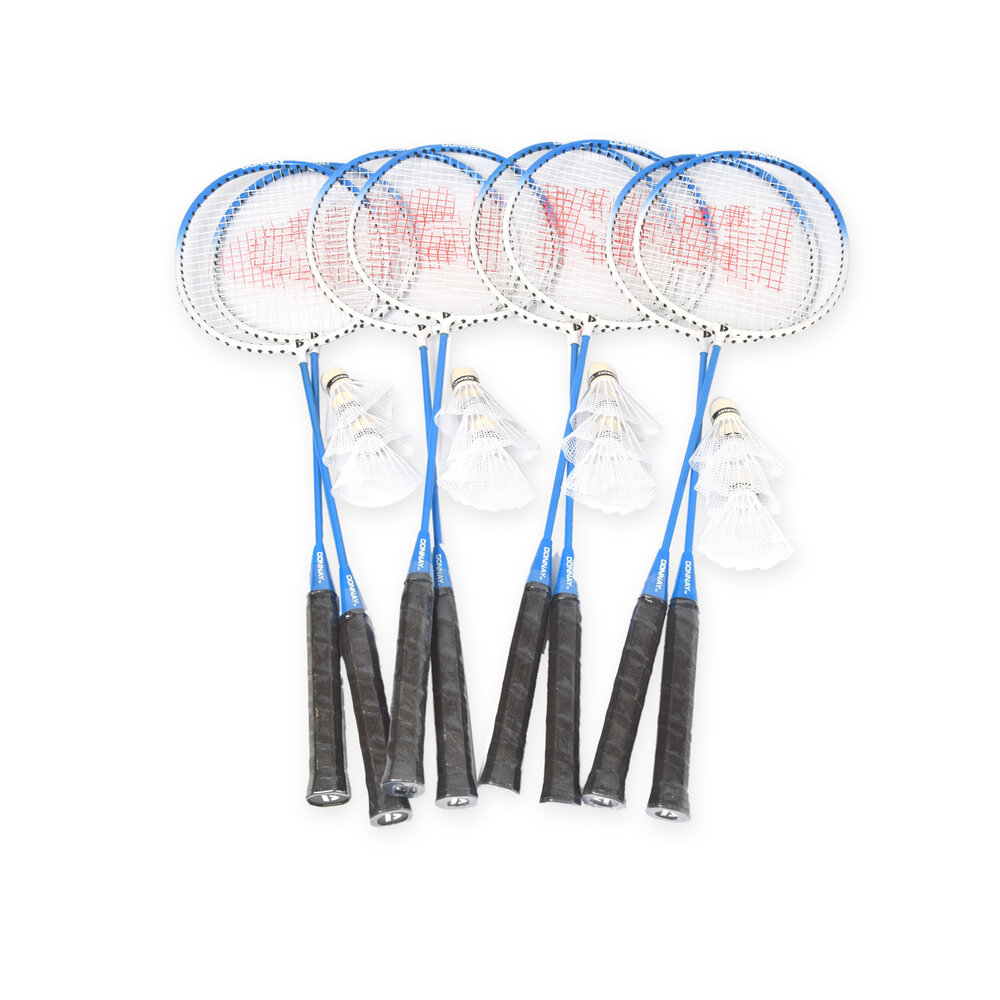 Discountershop Badmintonsets voor 2 tot 20 personen – Blauwe bioplastic rackets met shuttles en draaghoes voor tuin, camping, school en evenementen
