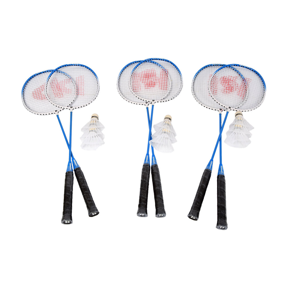 Discountershop Badmintonsets voor 2 tot 20 personen – Blauwe bioplastic rackets met shuttles en draaghoes voor tuin, camping, school en evenementen