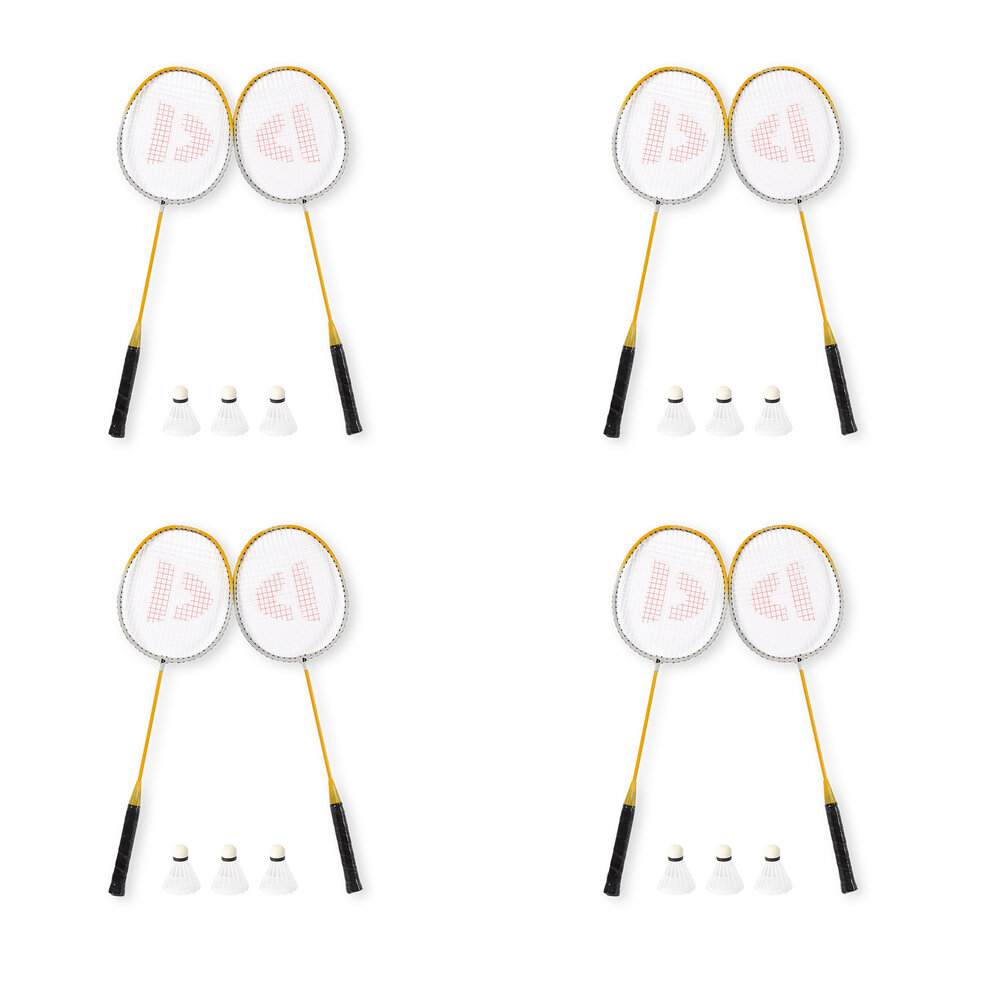 Discountershop Gele badminton racket set met aluminium rackets, bioplastic shuttles en opbergtas – kies de gewenste uitvoering voor 4 tot 20 personen