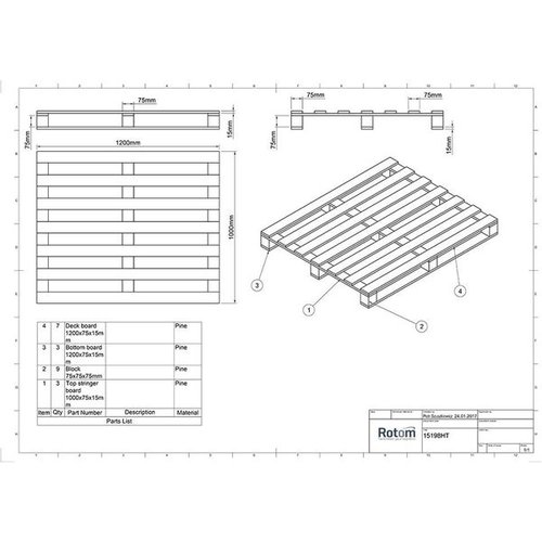 Pallet - 1200x1000x120mm, Wood, 500kg Load, 7 Boards