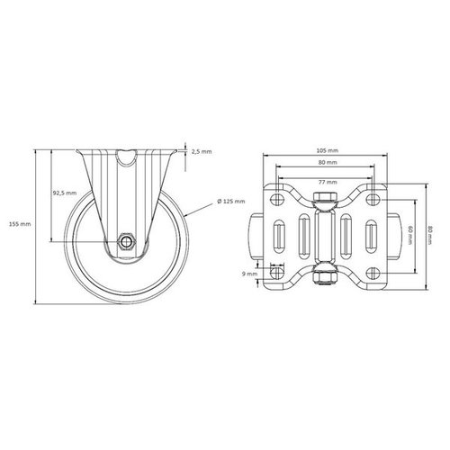 Fixed Castor with Roller Bearing, 125mm Diameter - PA