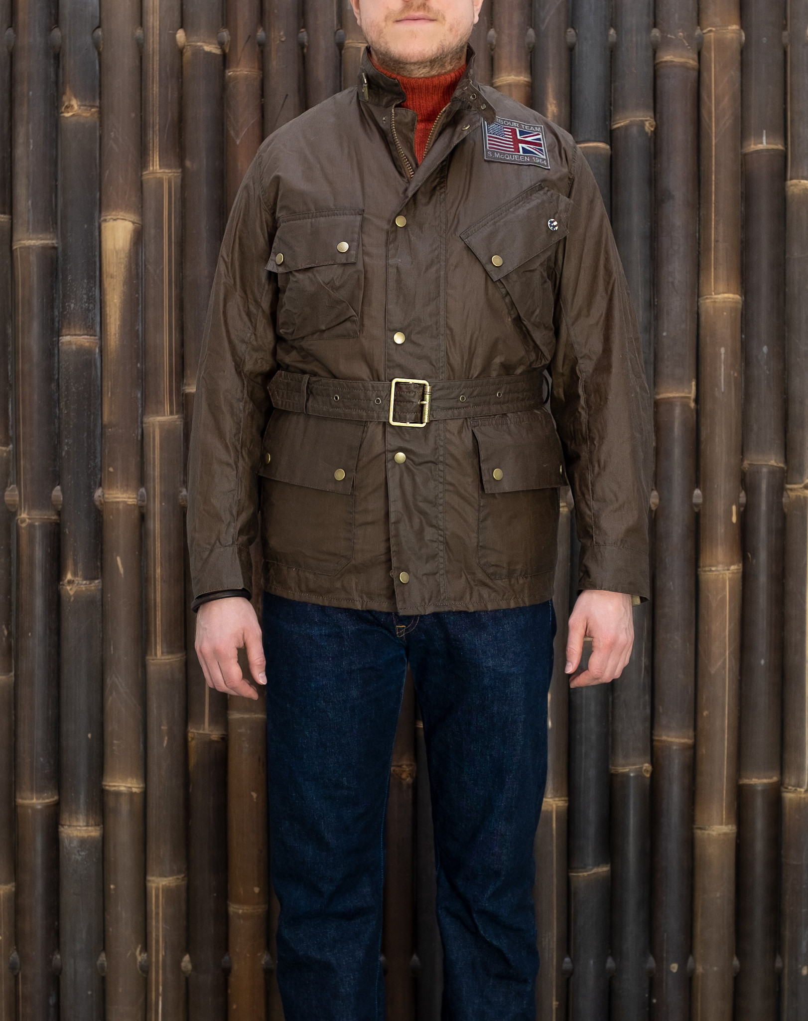 barbour international belt wax jacket