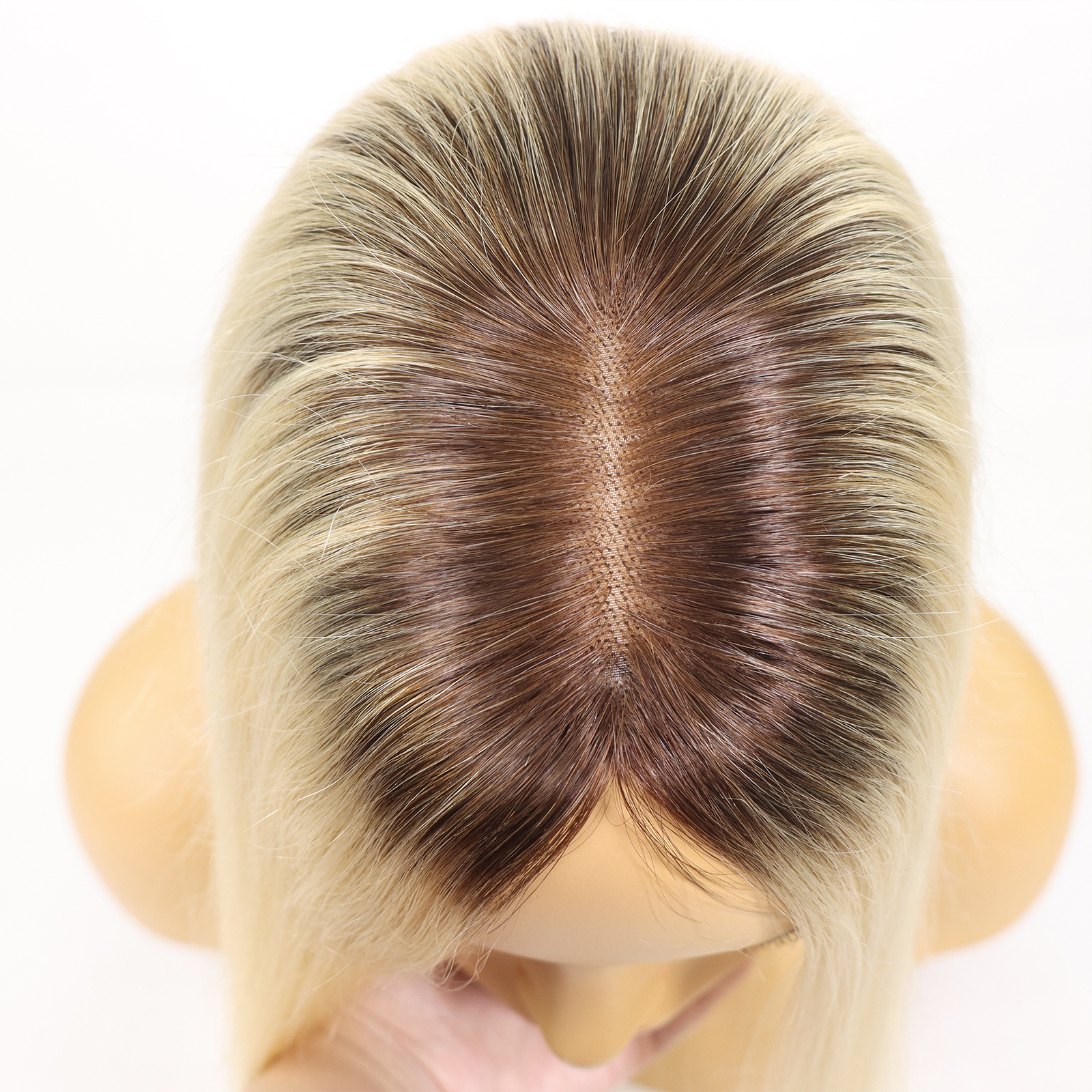 Mono Haar Topper-7.5 cm * 12.5 cm 100% Human Hair #T3/60 Light Blonde with Dark brown Roots