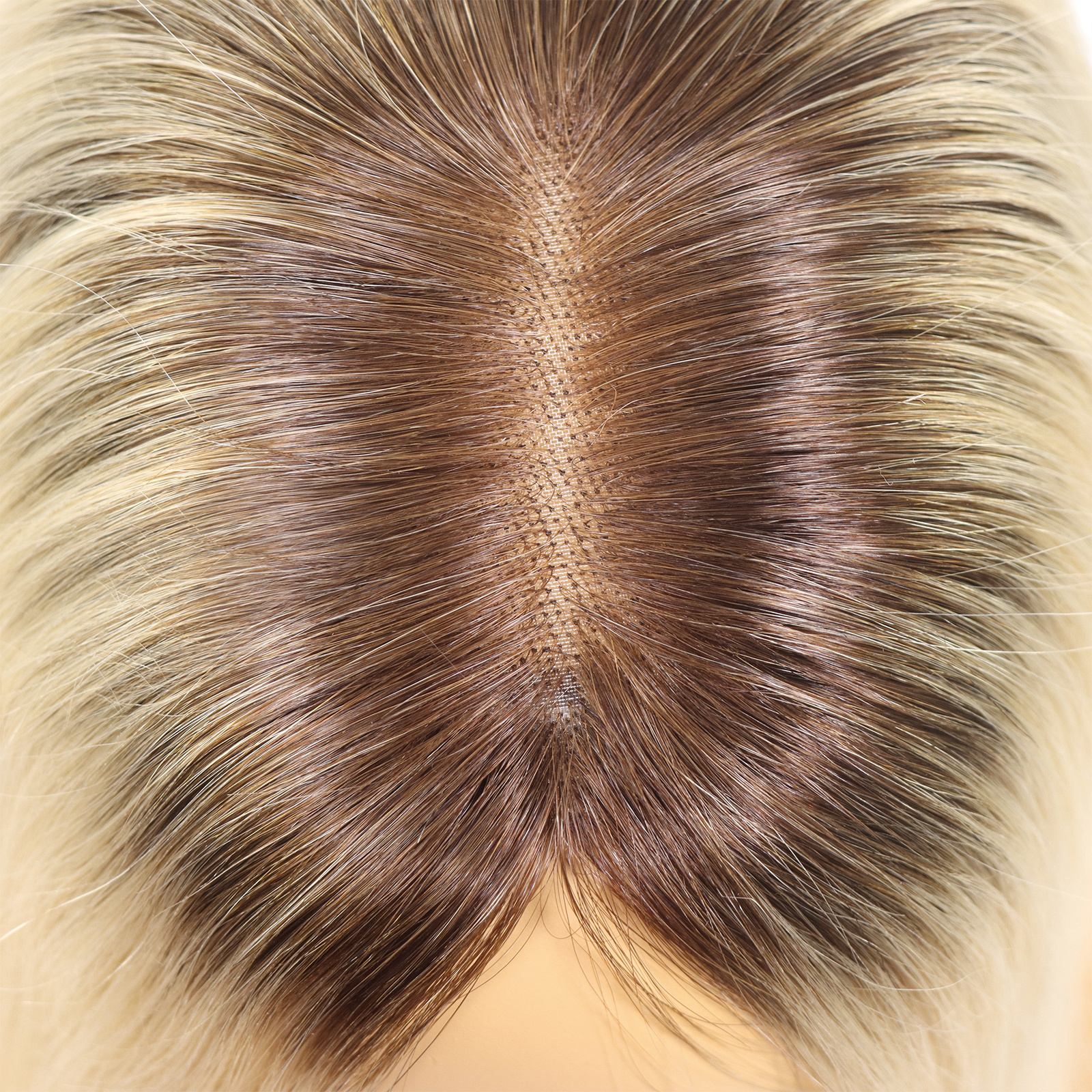 Mono Haar Topper-7.5 cm * 12.5 cm 100% Human Hair #T3/60 Light Blonde with Dark brown Roots