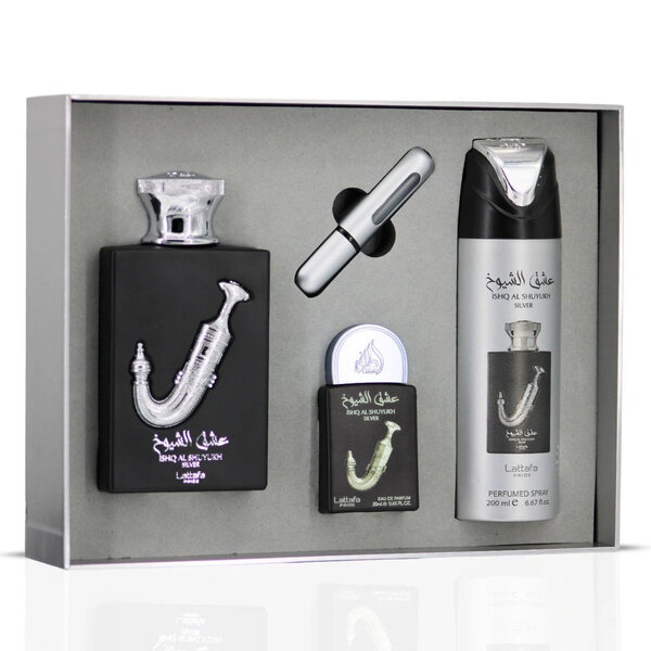 Lattafa  Ishq Al Shuyukh Silver Giftset 4pcs. 100 ml EDP + 20 ml EDP + Perfumed Spray + Pocketspray