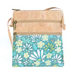 Kurk schoudertas - Bloemenprint Blauwgroen